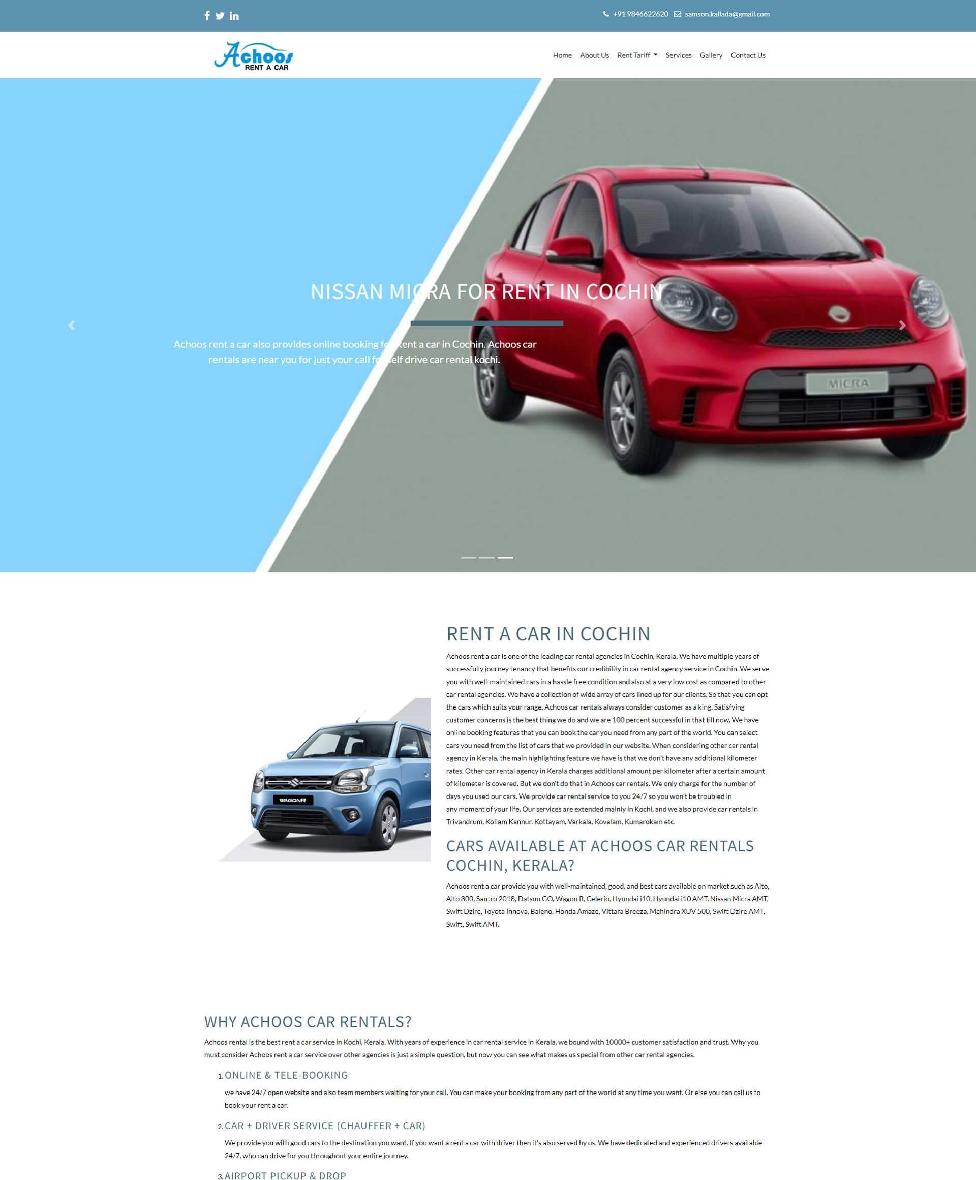 Website developed for Achoos rent a car, Car rental in cochin Airport self drive car rental in Kochi 