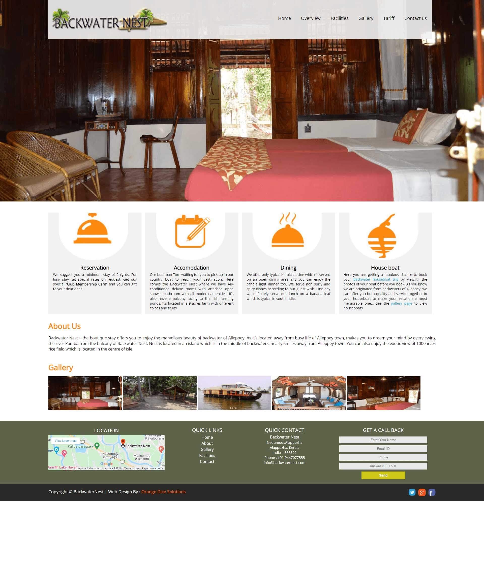 Website developed for Backwater Nest beauty of backwater of Alleppey